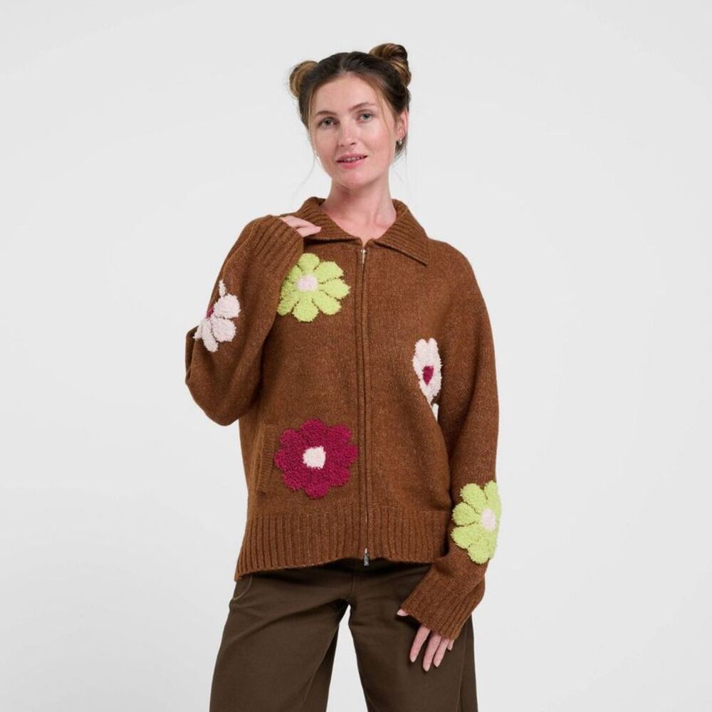Women's Zip-Up Floral Cardigan - Brown L